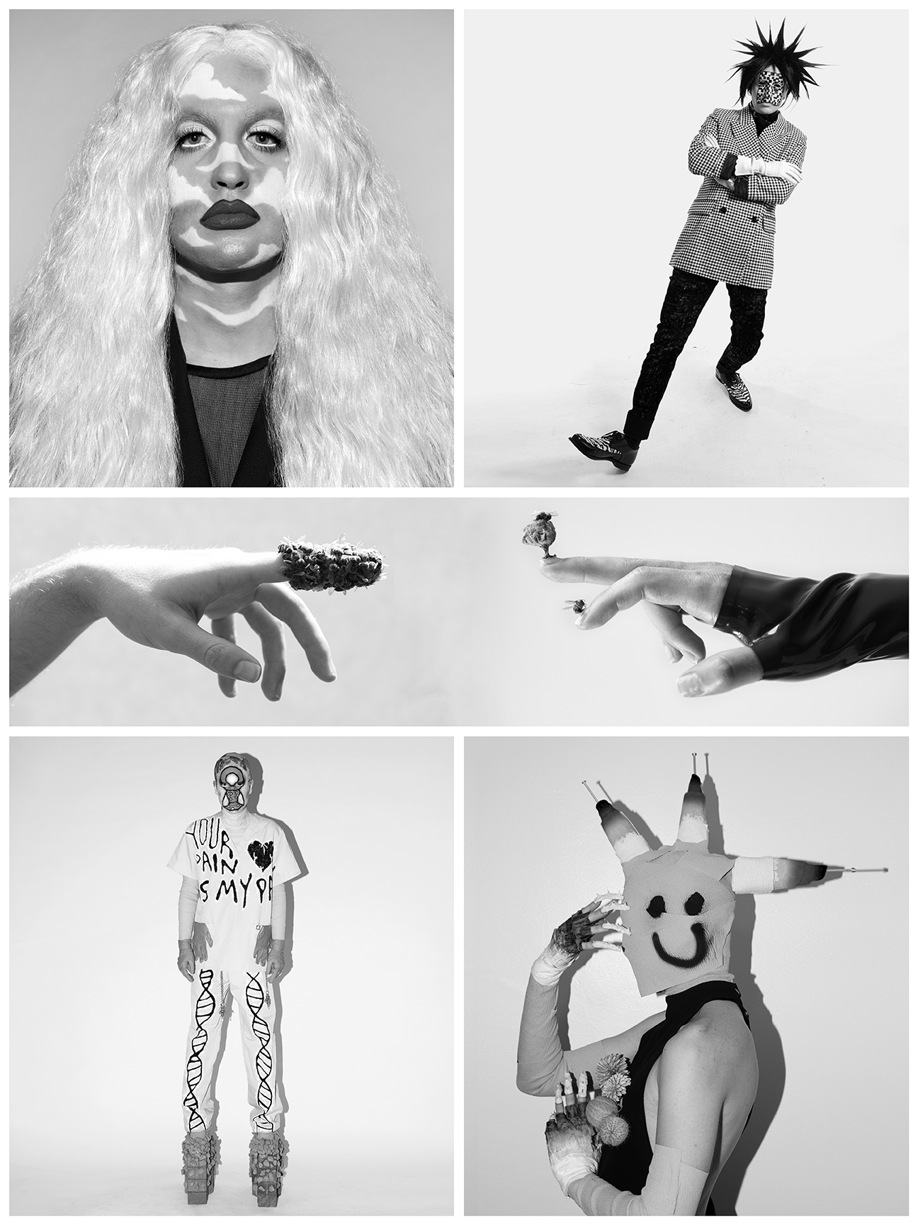Black and white fashion poster with 5 different photographs on it